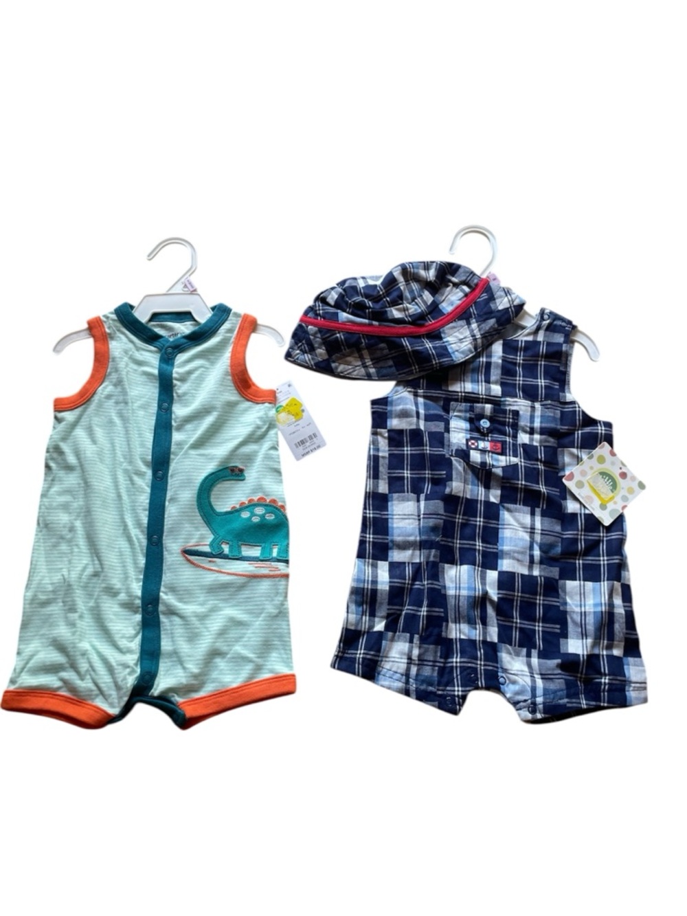 NWT SET OF 2 Baby Dino Stripe Romper & Navy Plaid Romper Set 9 months